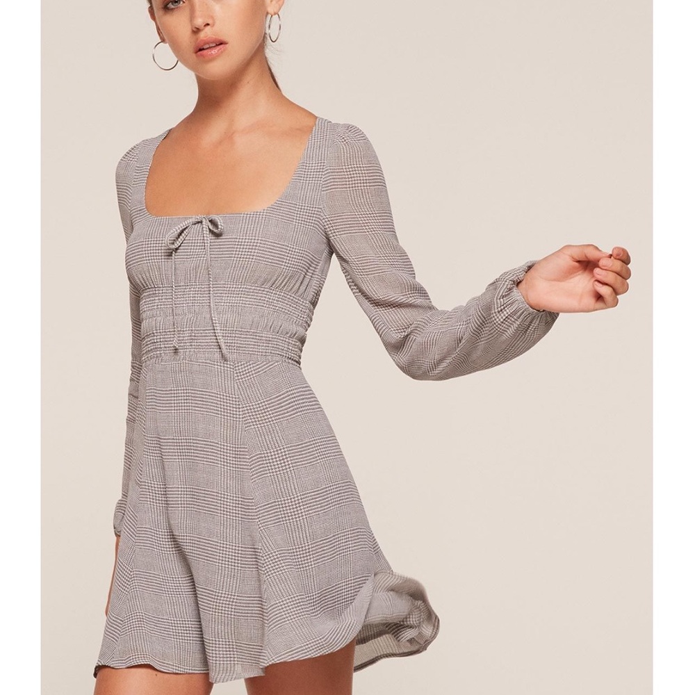 NWT Reformation Long-Sleeve Gray Check Mini Dress